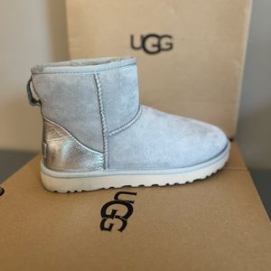 Womens Sz 8 classic mini UGG boots grey with metallic heal. Like new, worn once
